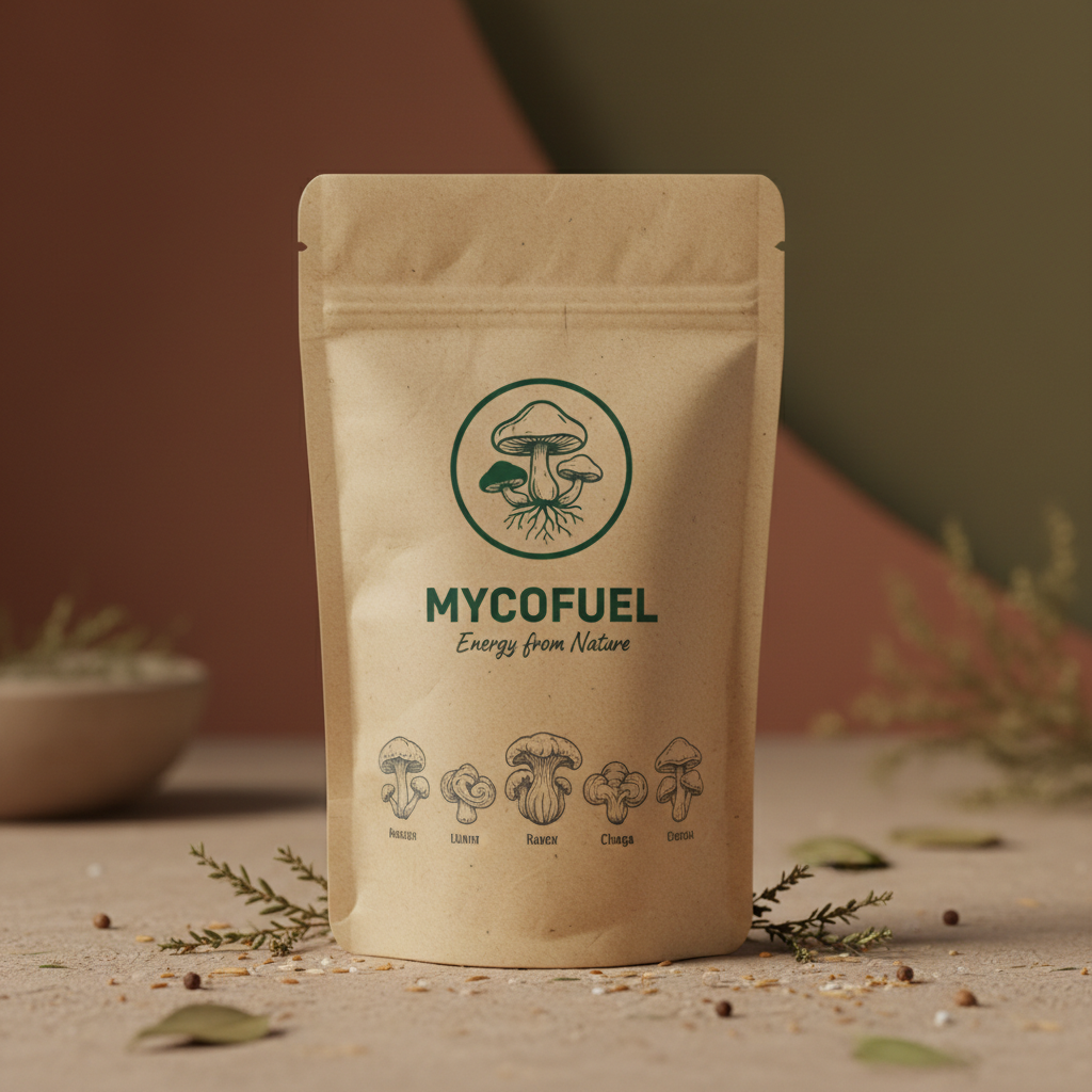 Mycofuel bag product shot close-up, kraft paper packaging, earthy tones