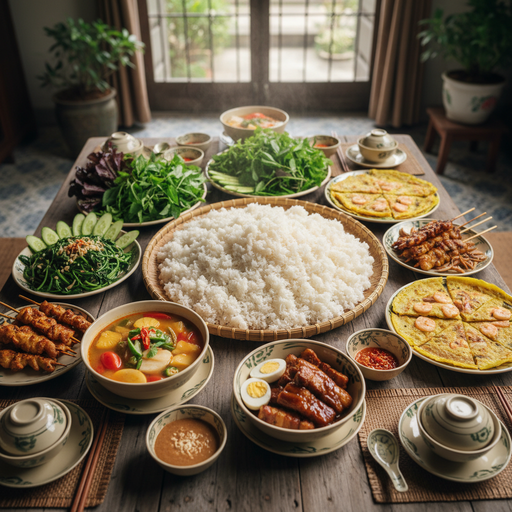 Traditional Vietnamese river fish dish beautifully plated, local ingredients, warm wooden table, authentic local restaurant