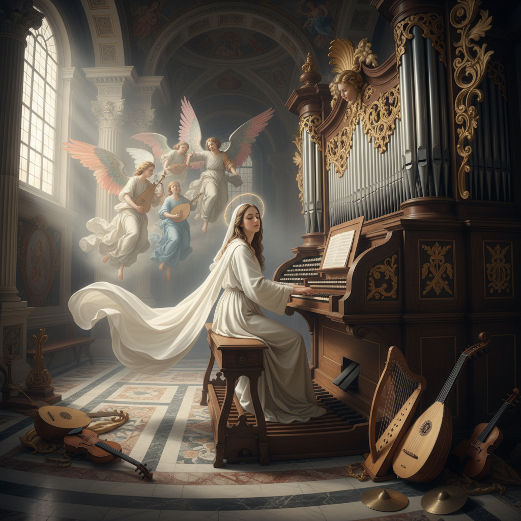 St. Cecilia playing organ with angelic expression