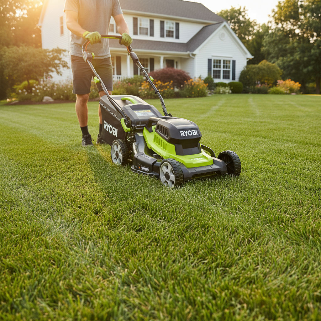 Honda HRX217 self-propelled walk-behind mower on residential lawn