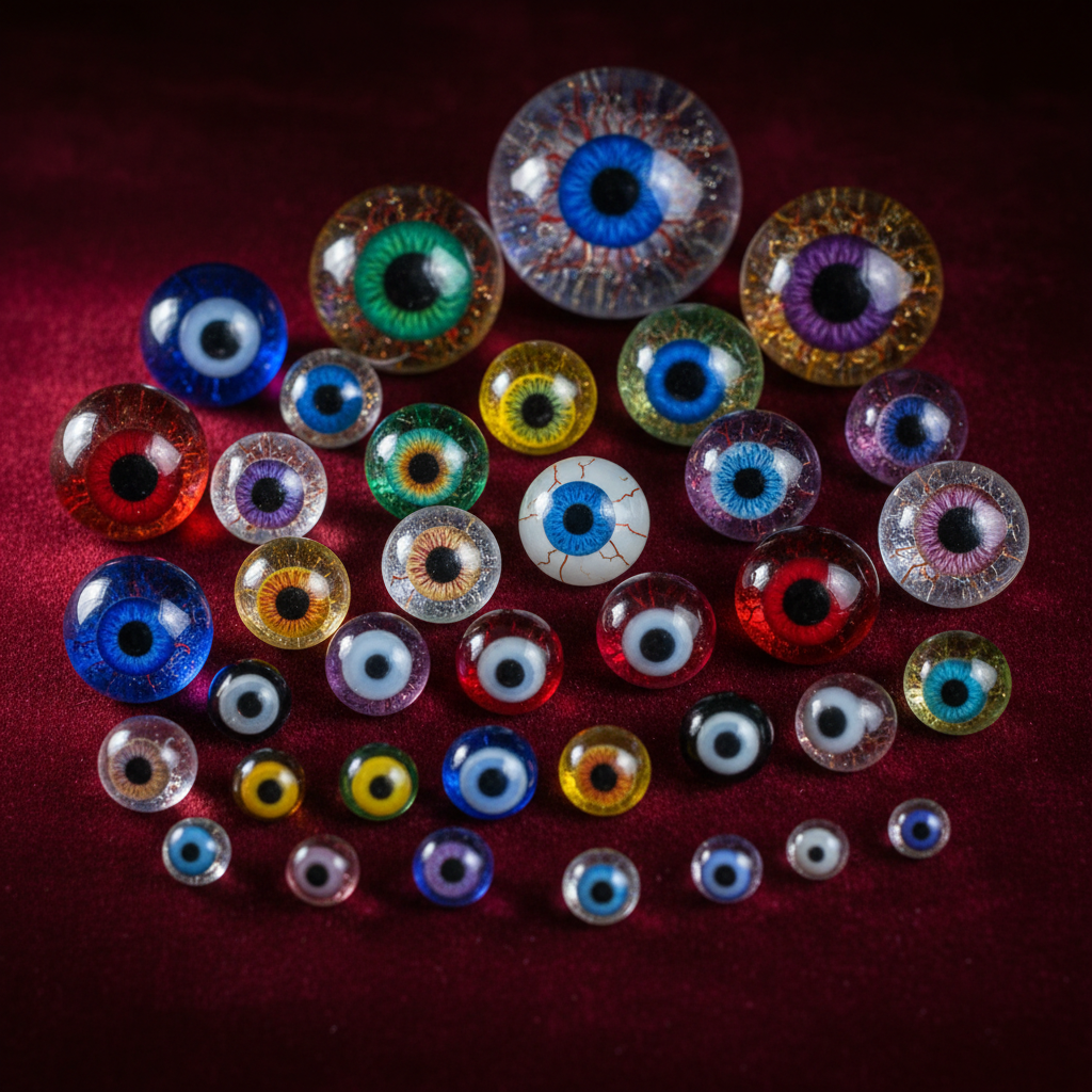 Collection of glass puppet eyes in various sizes and colors displayed on velvet