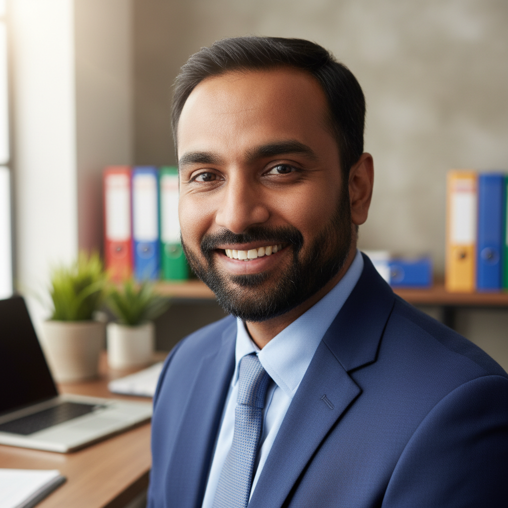 Indian project manager in professional attire, confident posture, well-lit portrait
