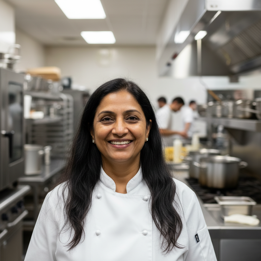 Indian restaurant owner in kitchen uniform, confident expression, bright kitchen