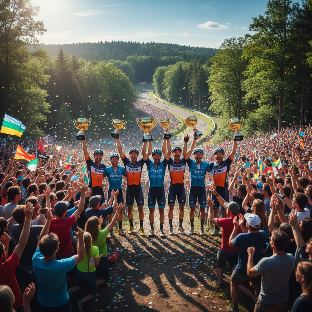 Podium celebration at 2025 season finale with riders holding trophies, crowd cheering on forested hillside