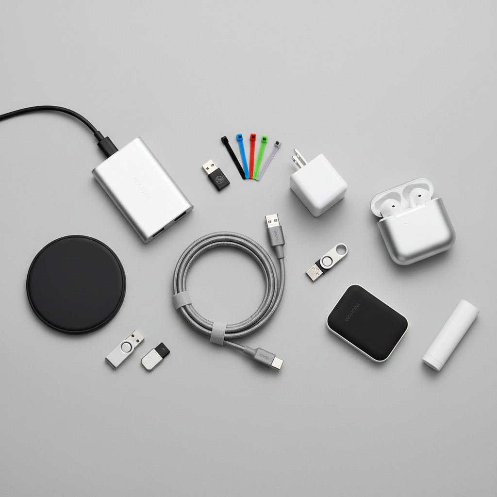 Apple accessories flat lay — cables, chargers, keyboard on clean light surface