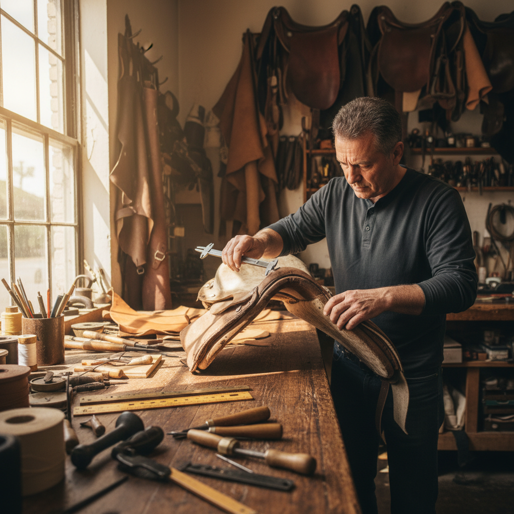 Saddle tree being measured and fitted in a traditional saddlery workshop