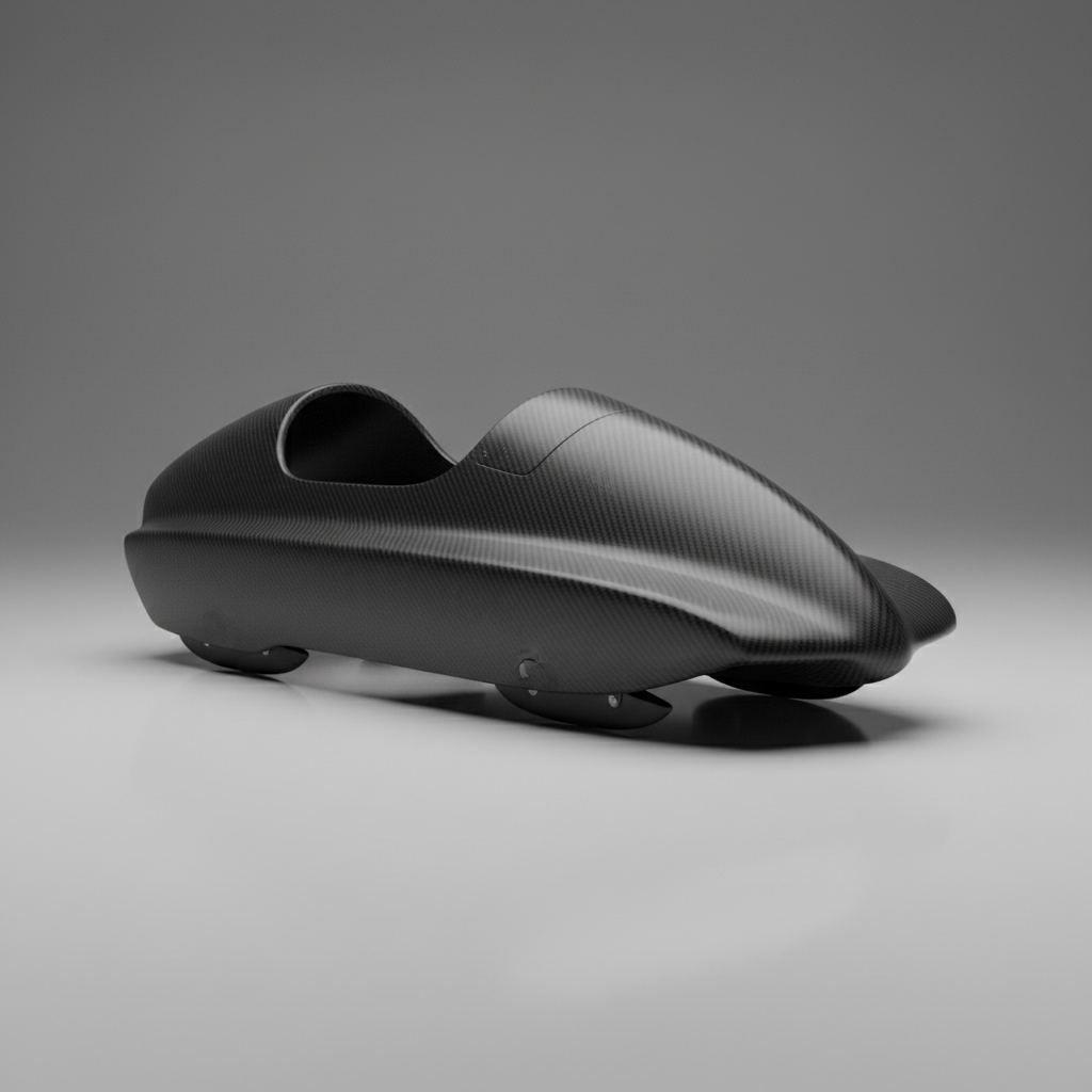 Monobob shell in matte black carbon fiber, lightweight single-seat bobsled cowling with aerodynamic profile
