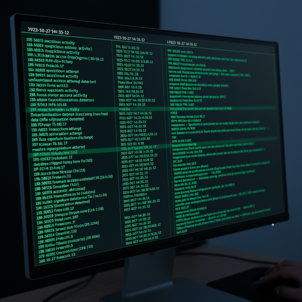 Dark computer screen displaying scrolling network traffic data and binary code in deep blue and green tones