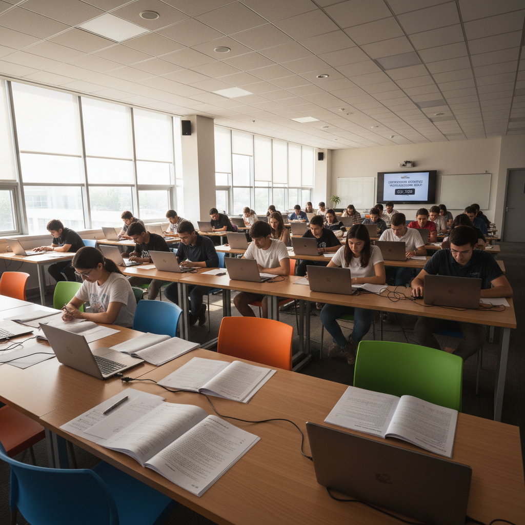 Students studying at desks in a bright modern classroom with books and natural daylight