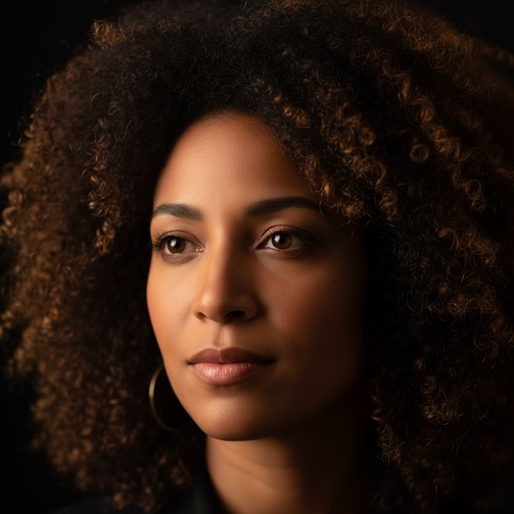 Female musician with natural hair in close portrait with gold catchlights and obsidian background