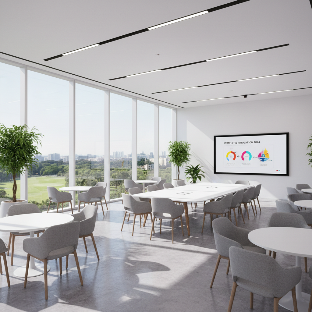 Bright open collaborative space with natural light, modern furniture, architectural details, airy atmosphere