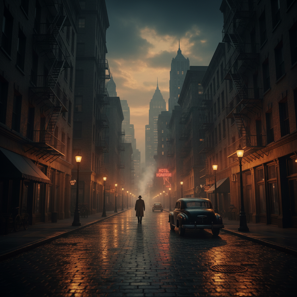 Dramatic dark cinematic scene with moody neon lighting, film set atmosphere, deep shadows