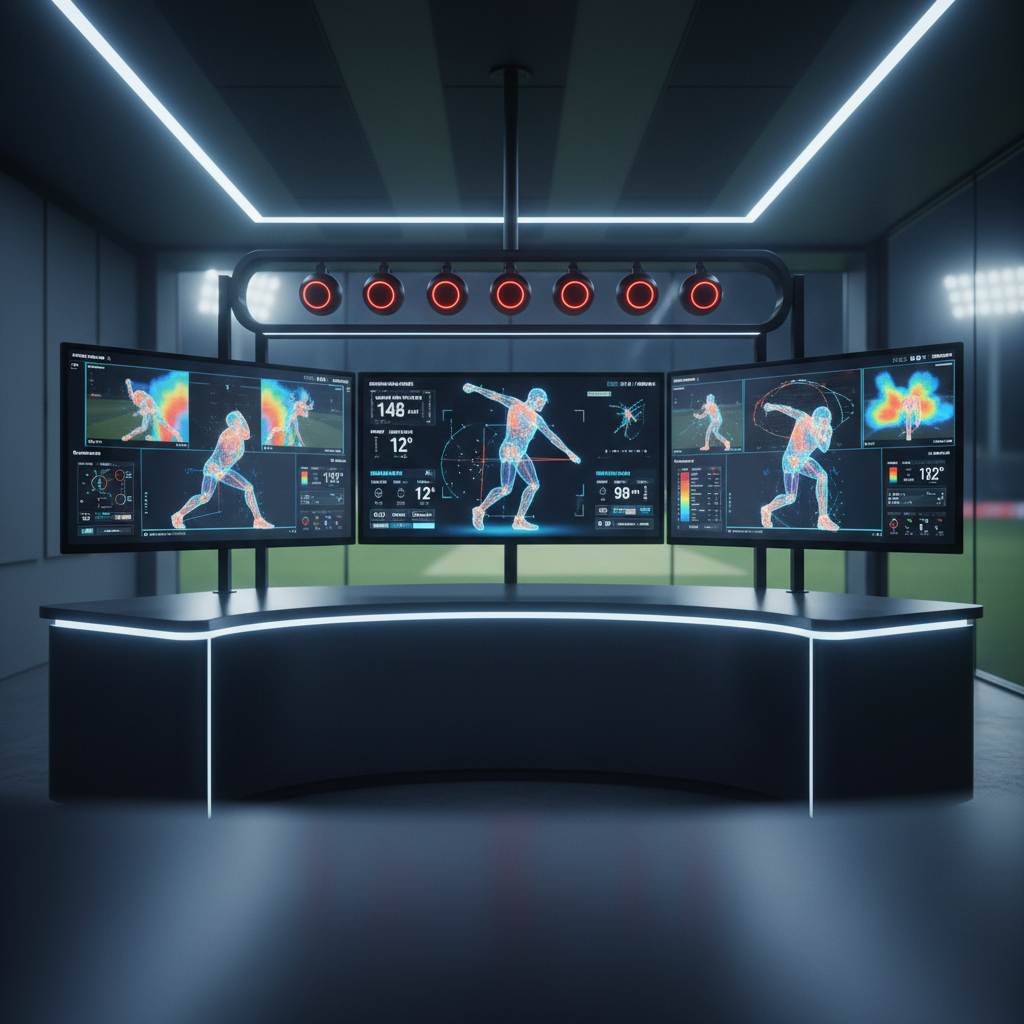 Elite cricket performance analysis suite with motion capture technology and data overlays