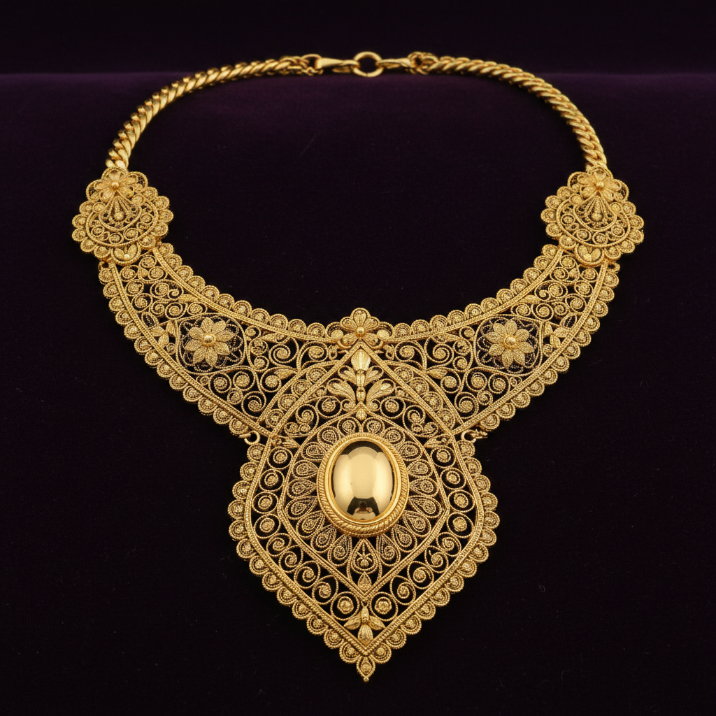 Ornate gold bridal necklace set with intricate filigree work, warm studio lighting, rich gold tones