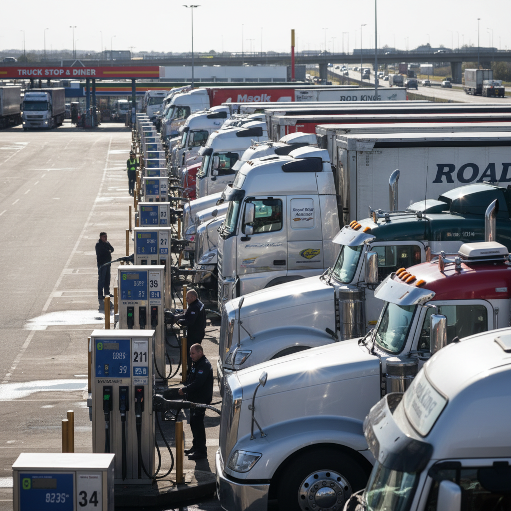 Truck stop with diesel fuel pumps and multiple semi-trucks fueling up