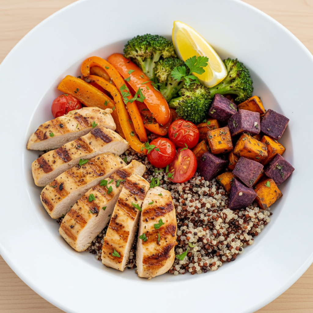 A healthy bowl of grilled chicken, roasted vegetables, and quinoa — a kidney-friendly meal