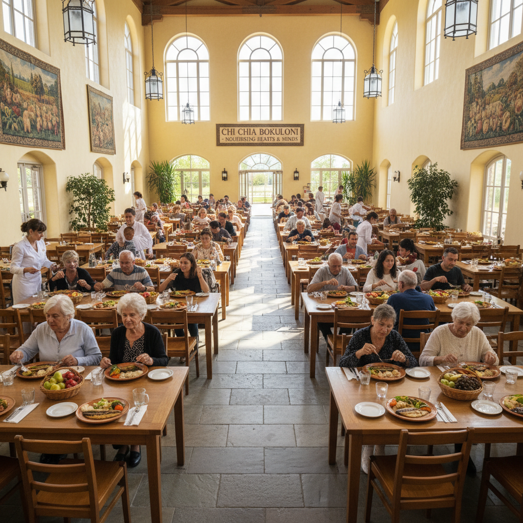 Long wooden dining tables with warm lighting and shared meal settings in a communal dining hall