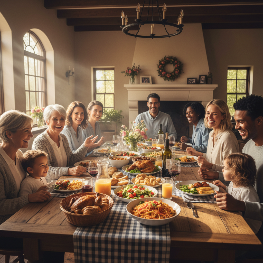 Friends and family gathered around a large table covered with diverse dishes, laughing and sharing food, warm evening light, genuine connection