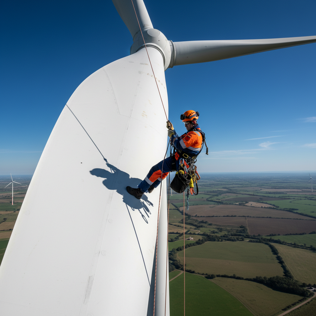Marco Pellegrini, lead rope-access technician, in safety harness