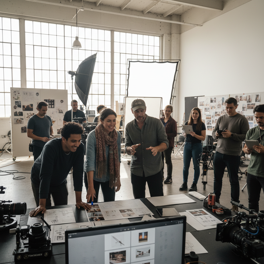 Film crew on set with camera equipment, bright studio lighting, collaborative creative atmosphere