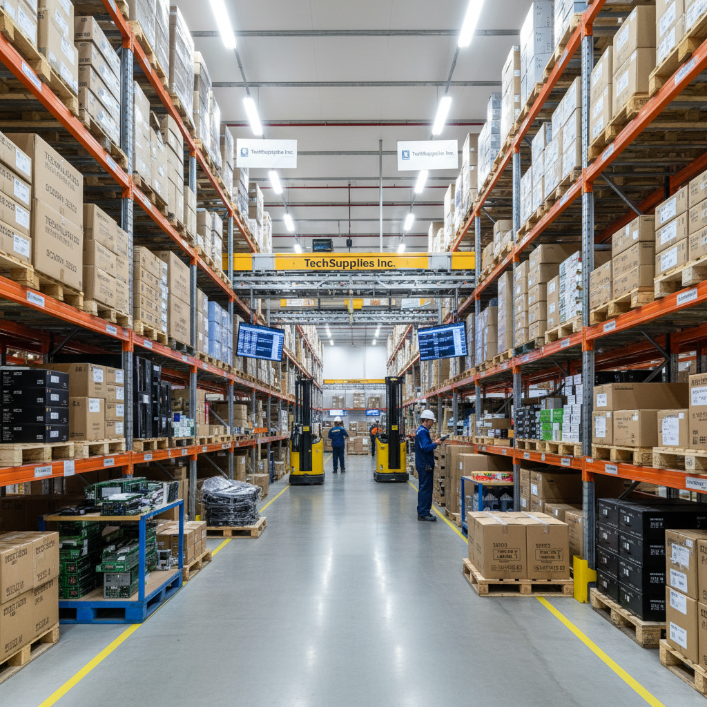 Distribution warehouse with organized inventory and logistics operations for apparel supply
