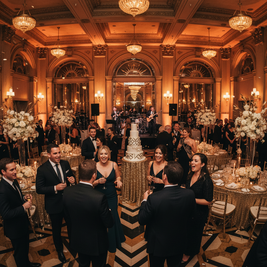 Wedding reception dancefloor with warm golden fairy lights, elegant venue, couples dancing, romantic atmospheric lighting