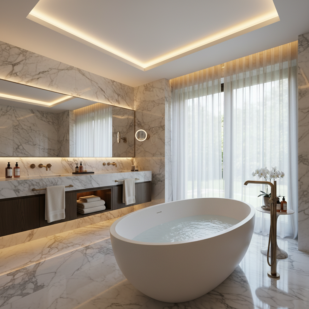 Luxury bathroom with dark tiles, freestanding bathtub and ambient lighting