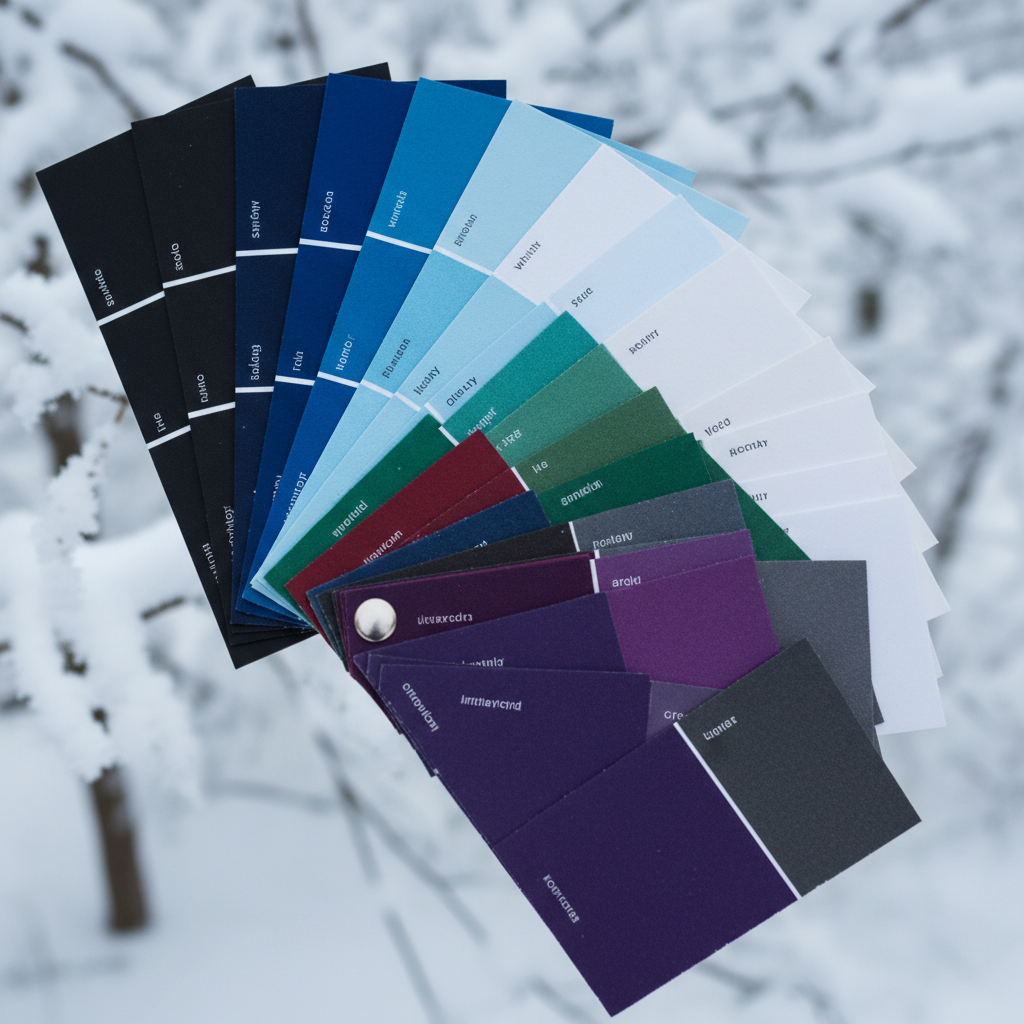 Deep winter color palette fan deck with high-contrast swatches in black, white, icy blue, and deep jewel tones