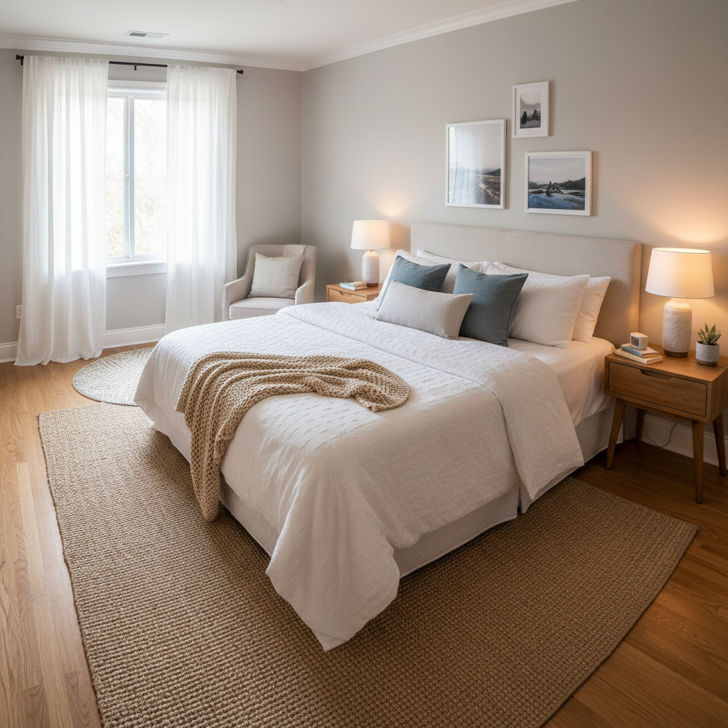 Modern bedroom with neutral tones and minimal decor