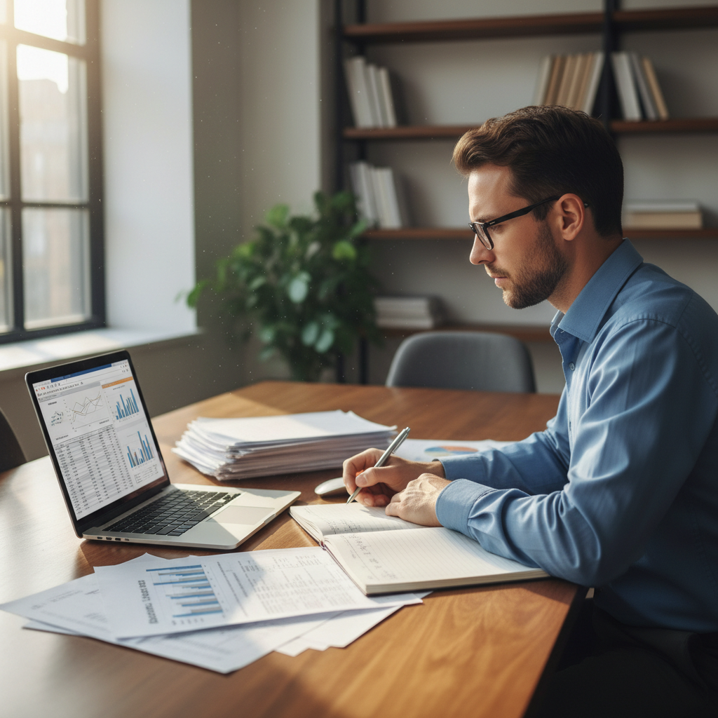 Accountant reviewing financial documents and a laptop at a well-lit desk