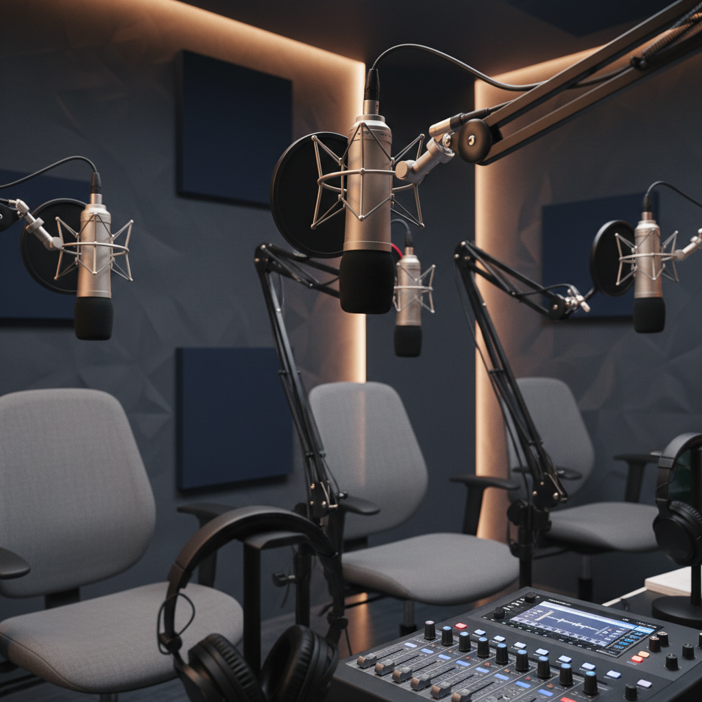 Modern podcast recording studio with professional microphones, soundproofing panels, and warm ambient lighting