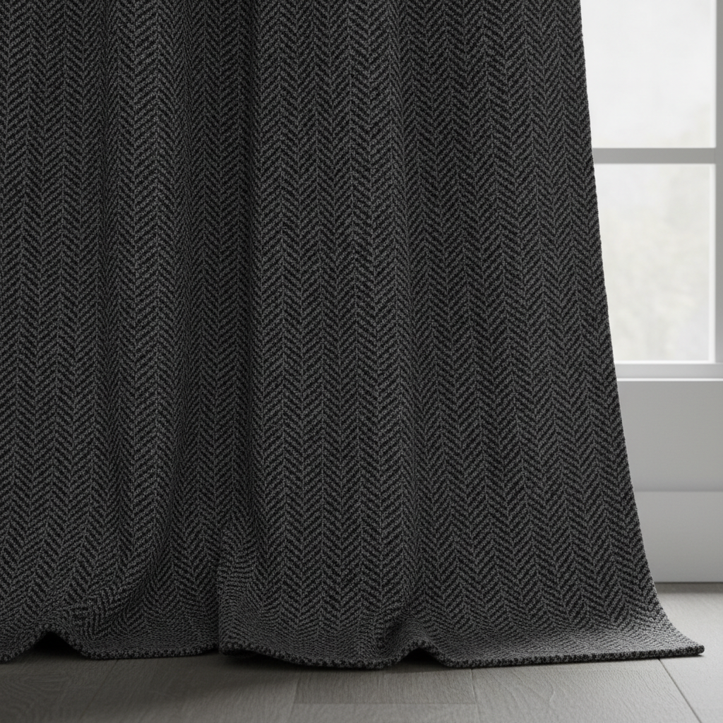 Charcoal Herringbone Curtain — handwoven curtain, bright minimal room, natural light