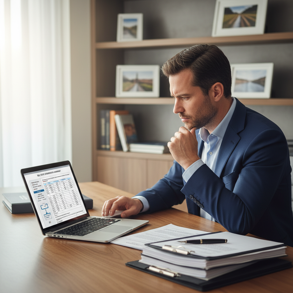 Real estate professional Devon Park reviewing transaction documents on laptop