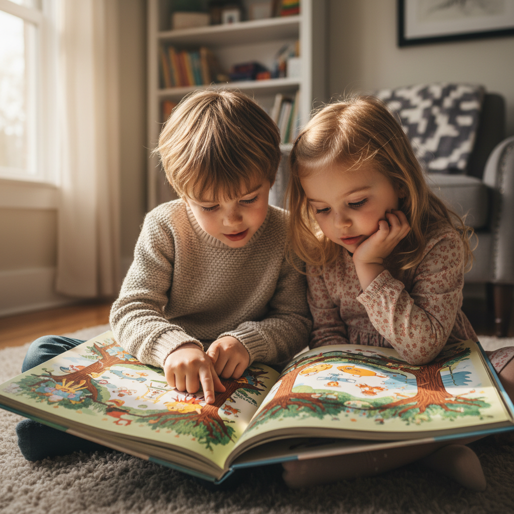 Siblings sitting together looking at a large illustrated picture book