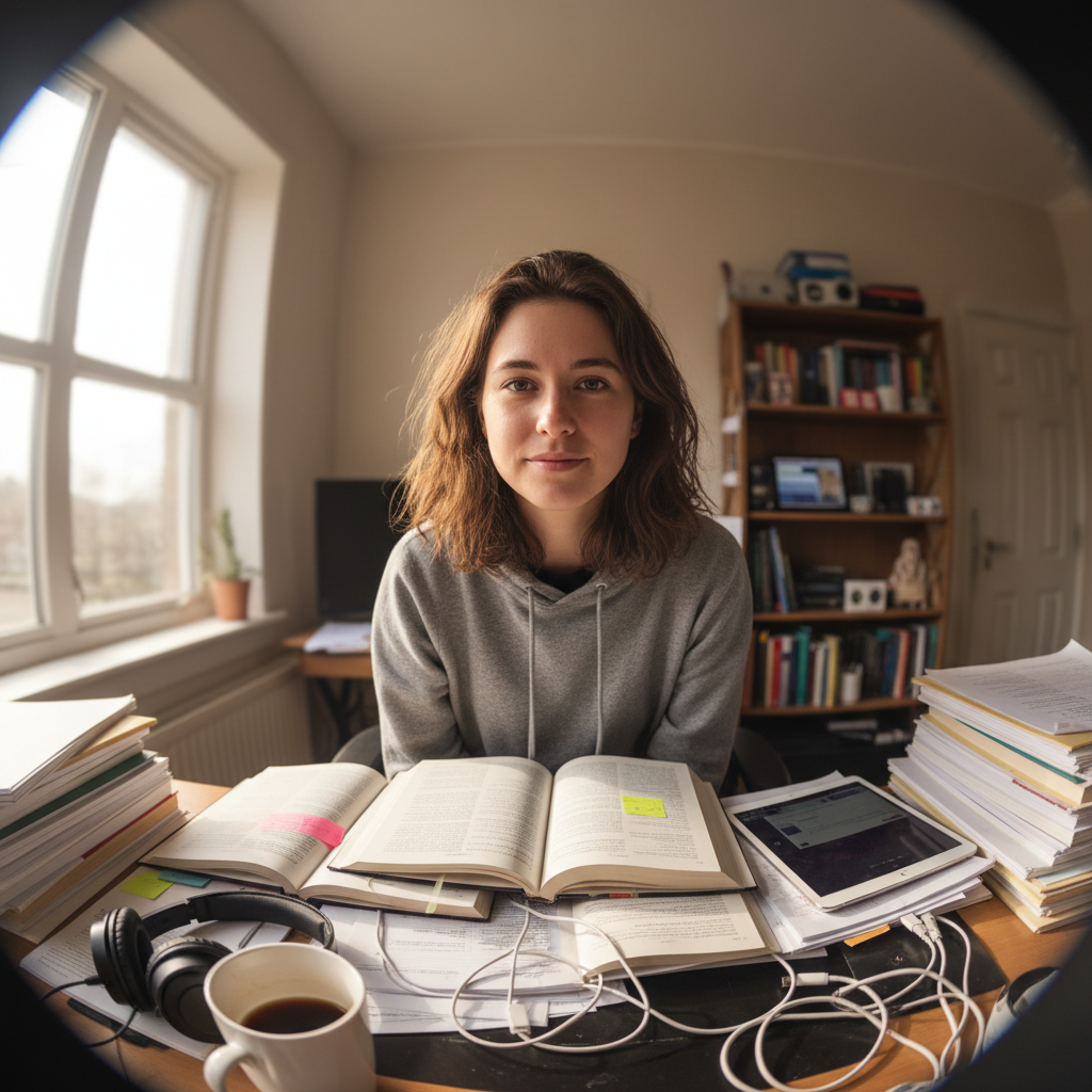 Webcam screenshot of person on video call with messy home office background