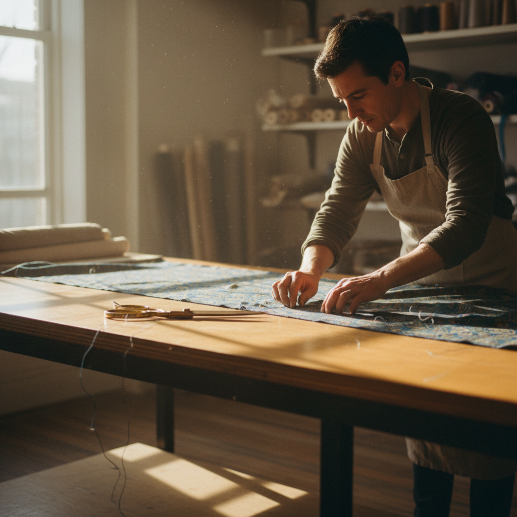 Artisan maker bent over a cutting table, afternoon light catching dust motes and brass scissors on deadstock silk fabric