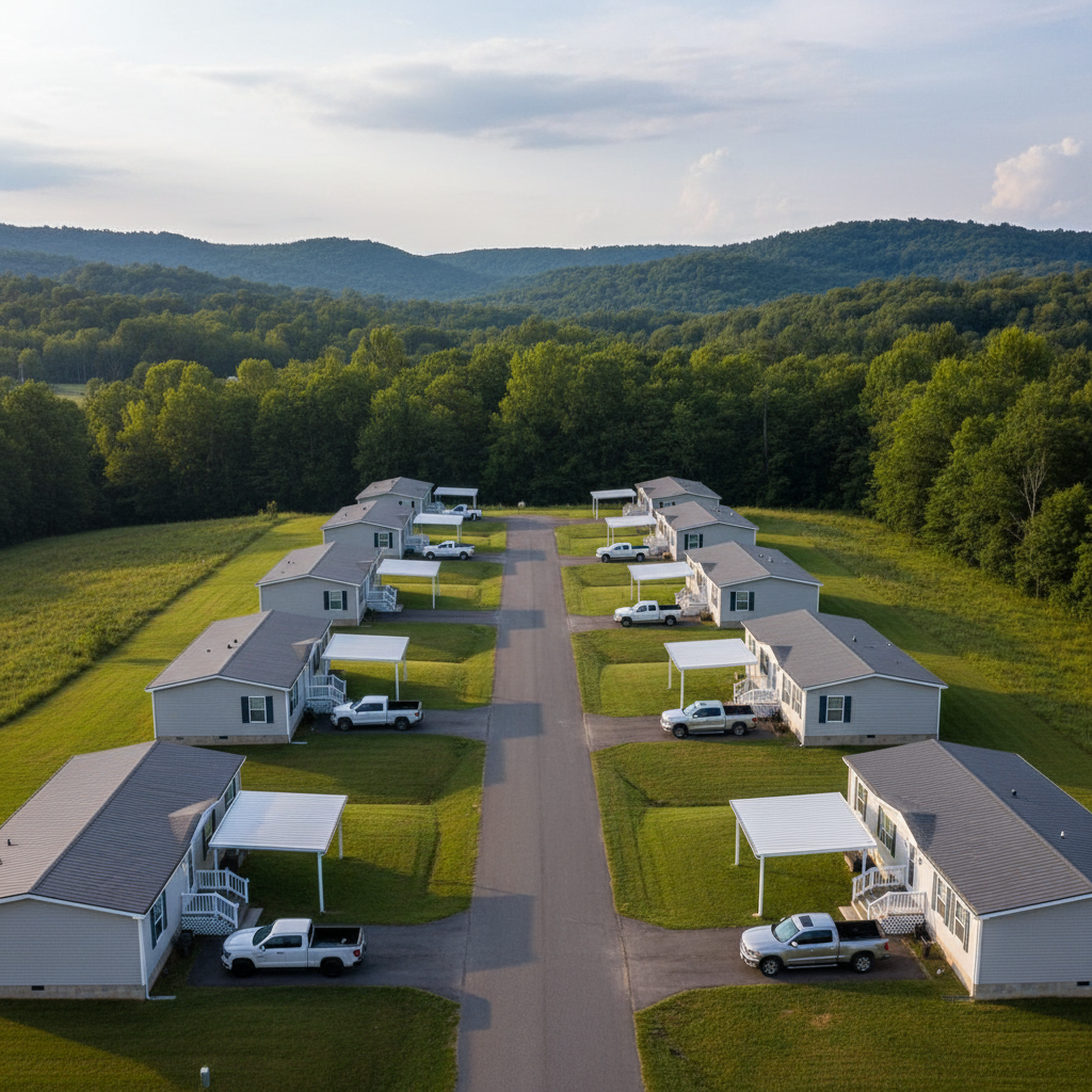 Neat rows of manufactured homes in a rural West Virginia community surrounded by hills