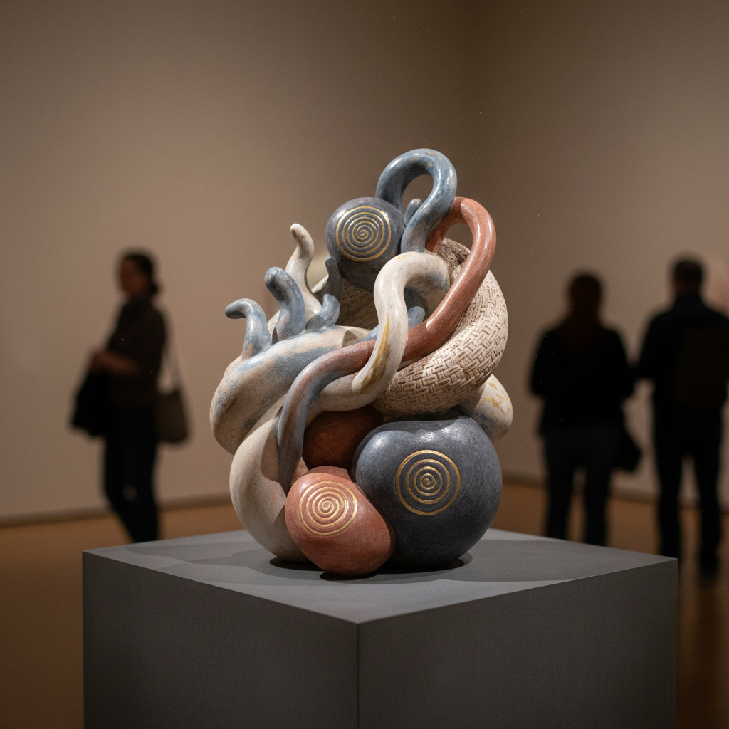 A finished ceramic sculpture on a gallery pedestal