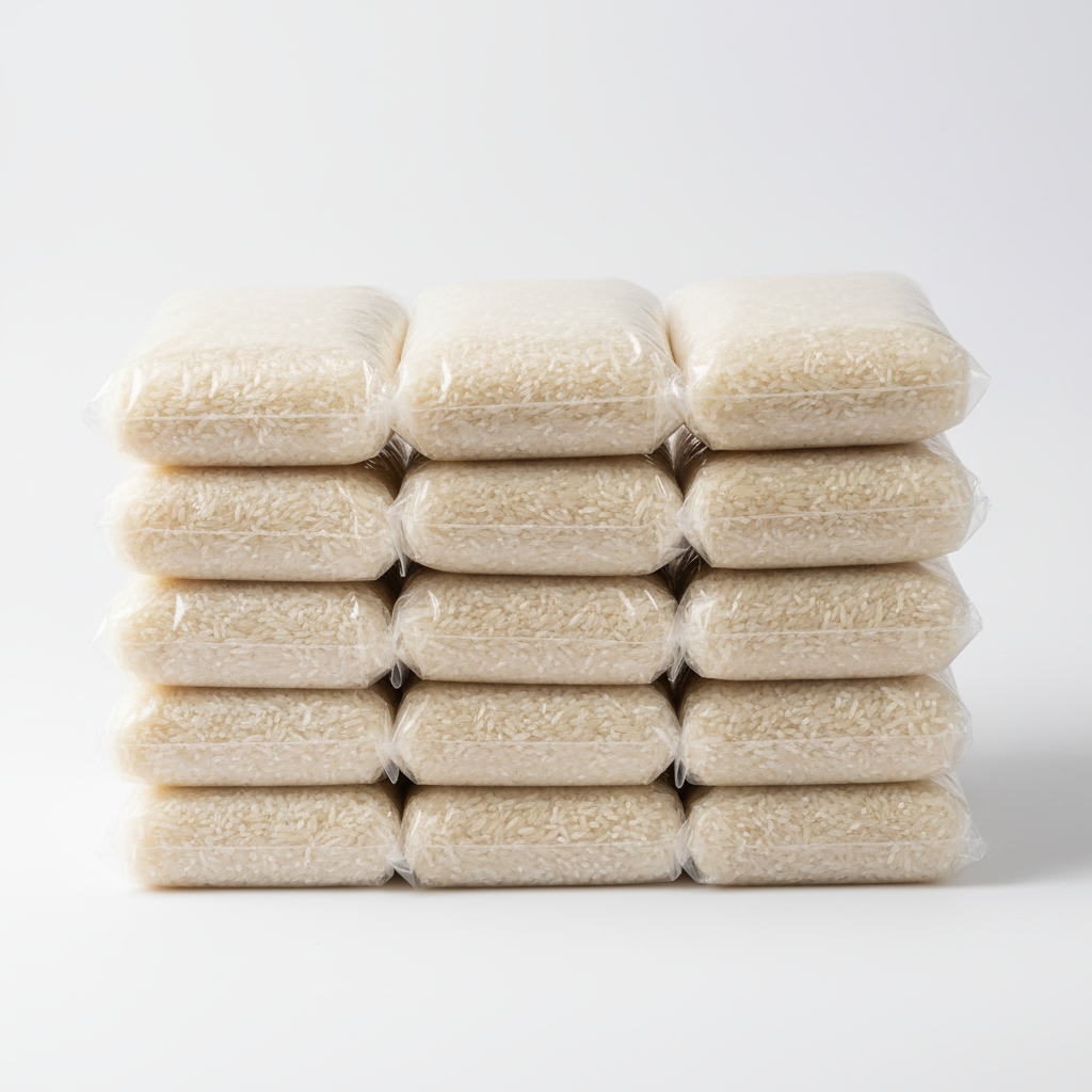 White rice in packaging on bright white background