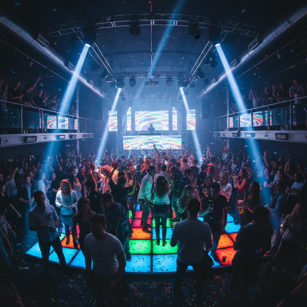 Birthday party celebration with colourful LED lighting, confetti falling, crowd dancing, festive atmosphere in dark venue