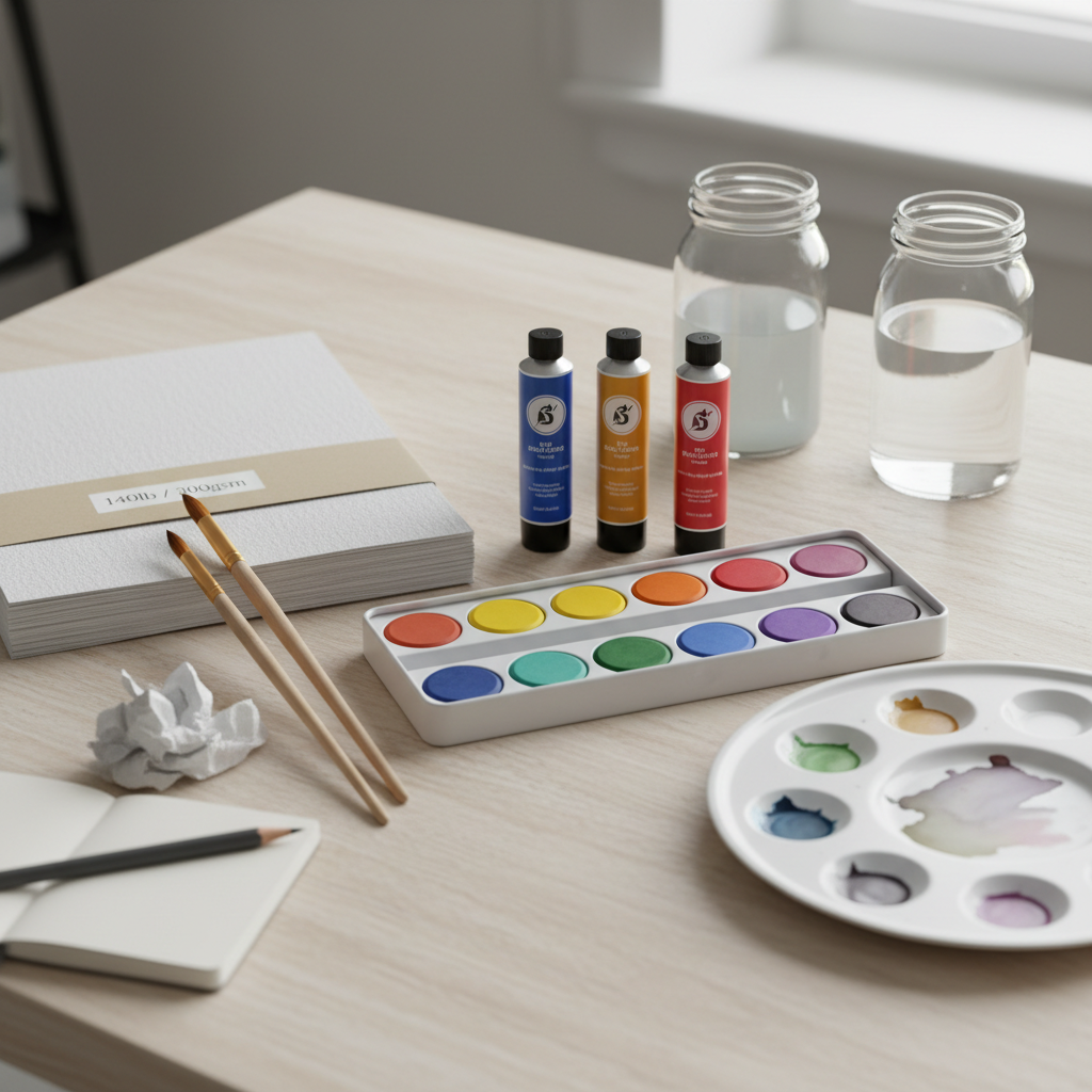 Water color paint set with brush on art table