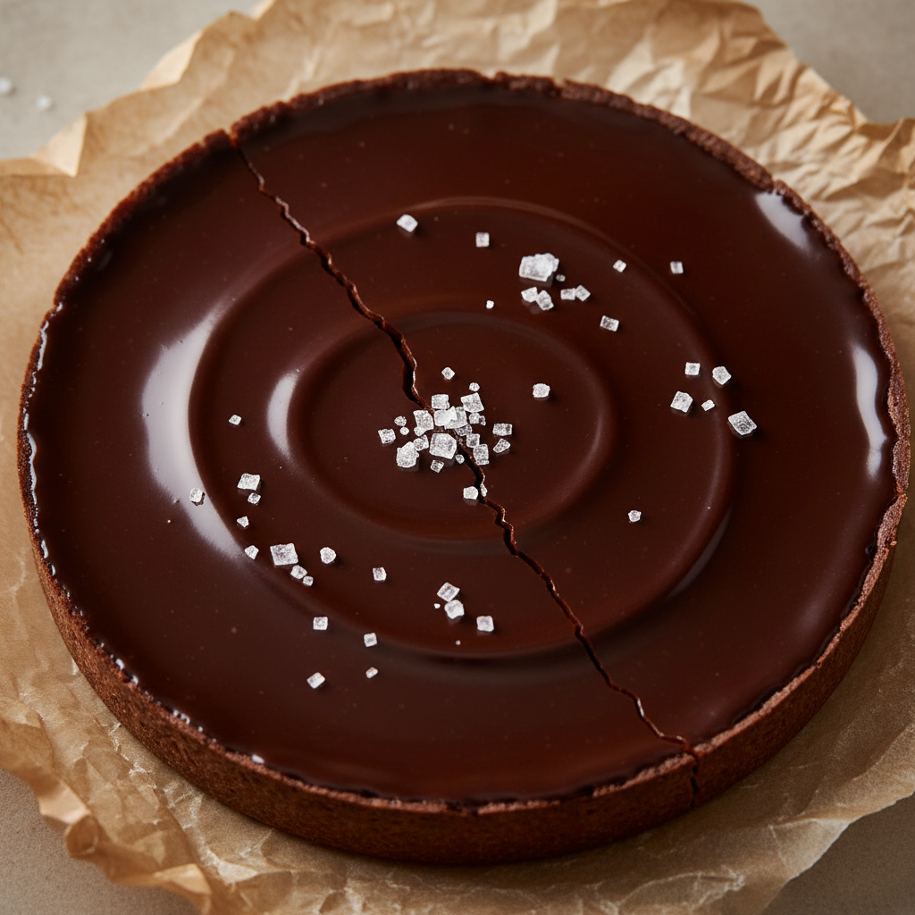 Dark chocolate tart with glossy ganache and sea salt flakes on a cream ceramic plate with soft shadow