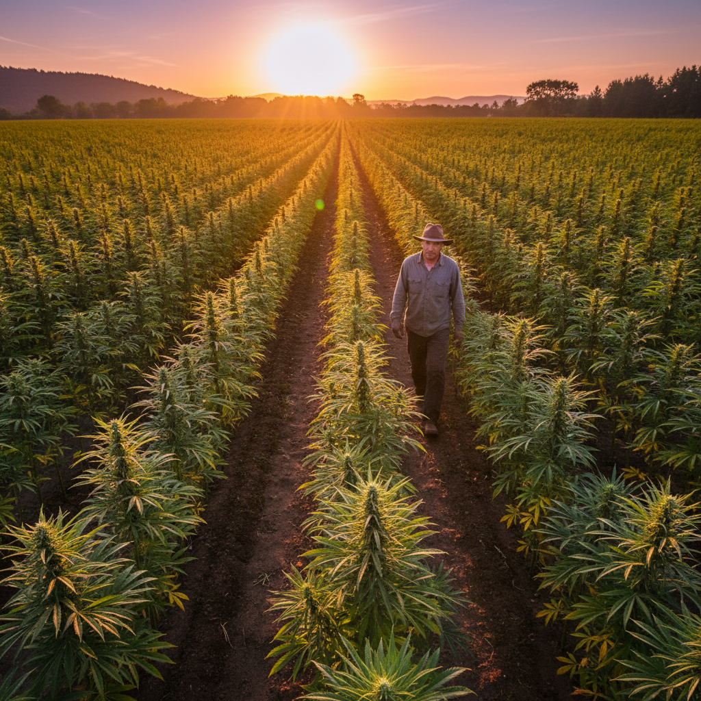 Farmer walking through hemp crop rows at dusk with long shadows