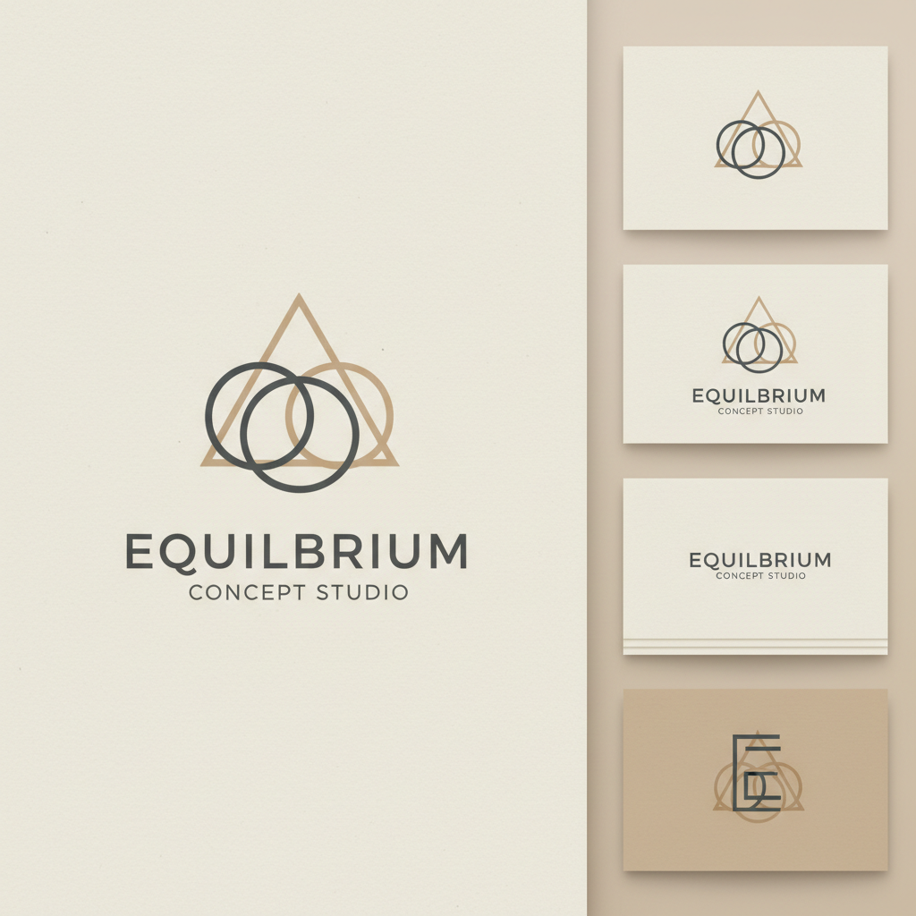 Minimalist brand identity design with geometric logo marks on cream background, well-lit studio photograph