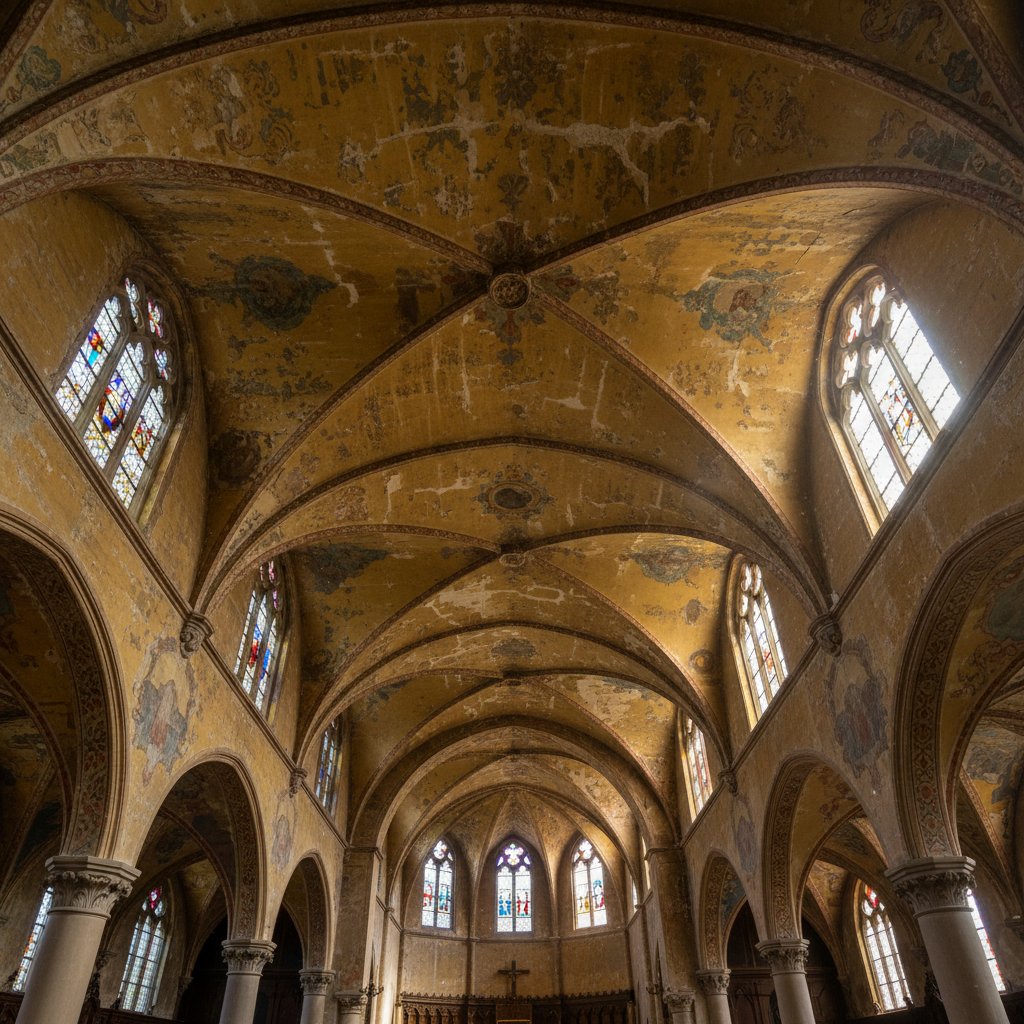 Church nave ceiling before restoration showing yellowed plaster, stained surfaces, and faded paint from decades of incense