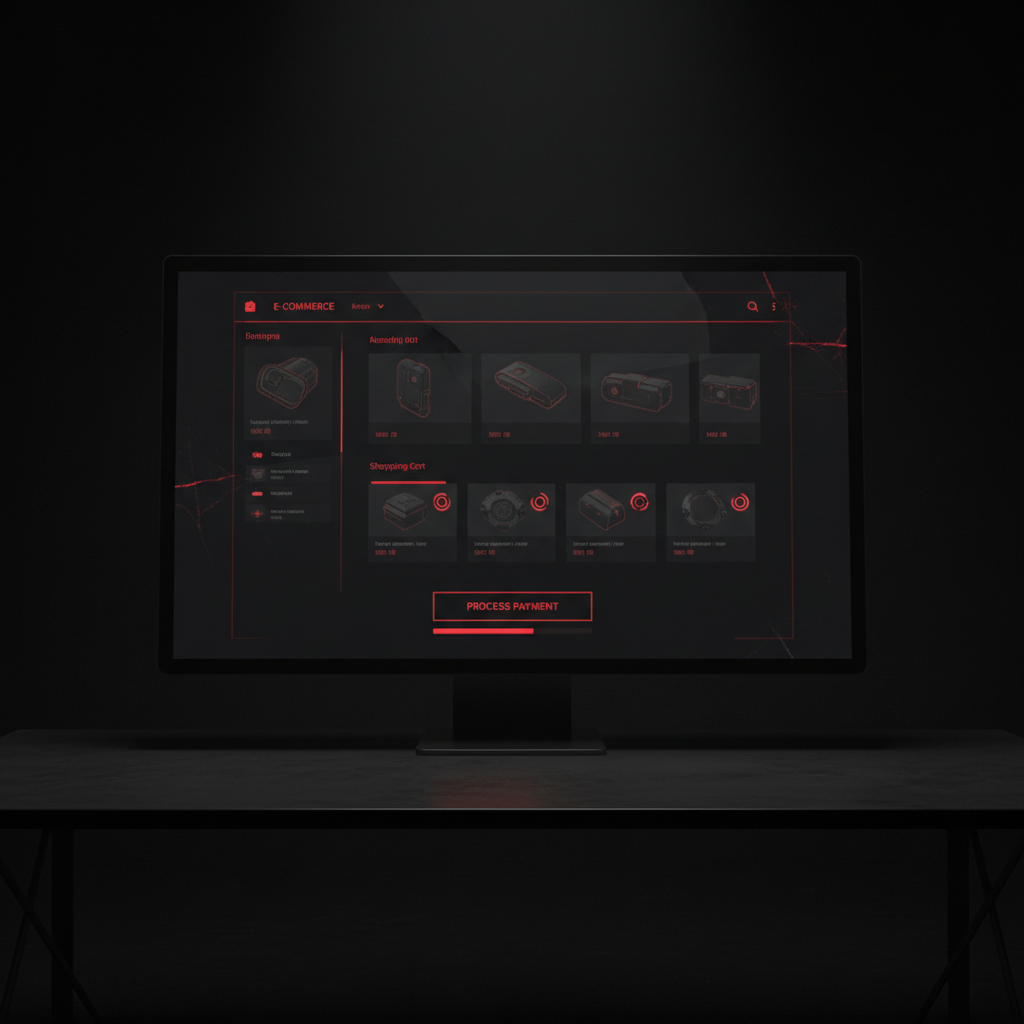 Clean minimal e-commerce interface on dark background, blue accent colors, modern UI