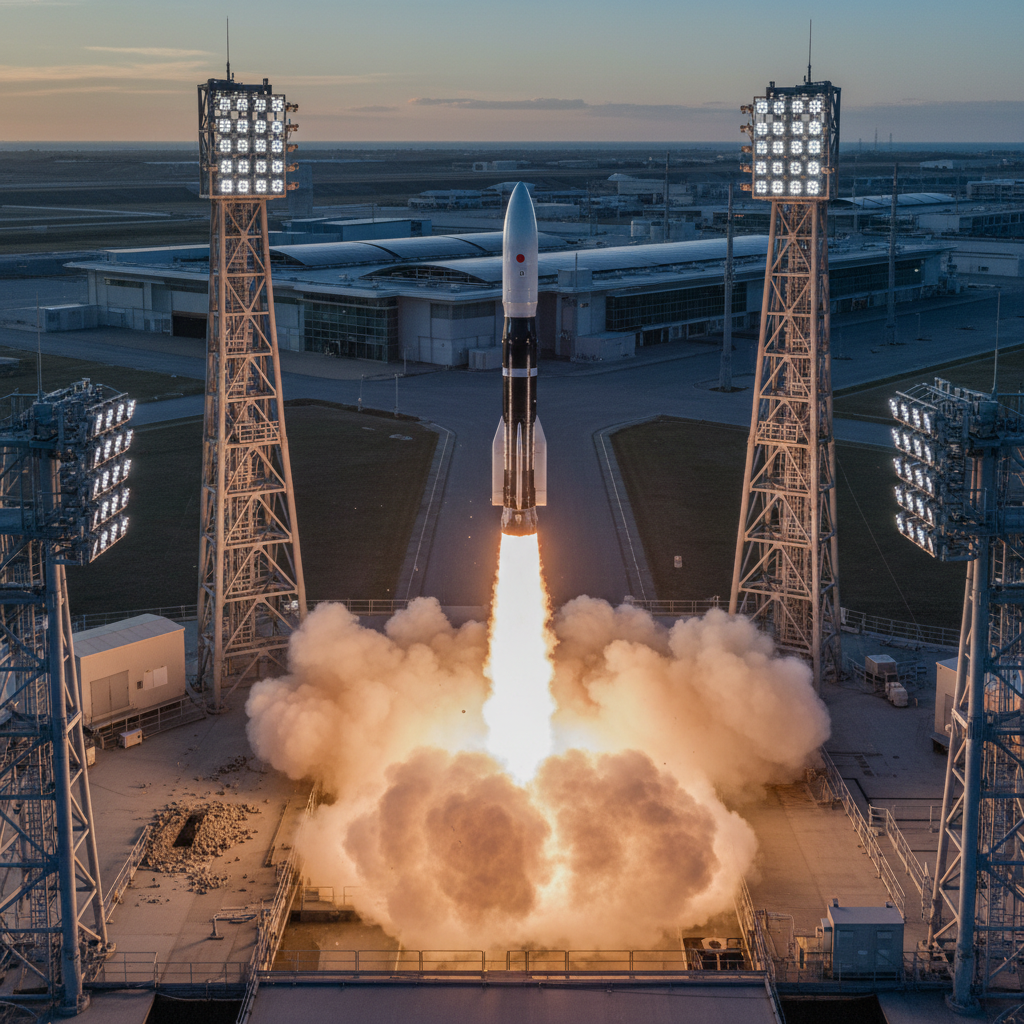 Rocket launch at night with brilliant orange and white exhaust plume against dark sky, dramatic low-angle perspective, atmospheric smoke billowing, deep shadows at base