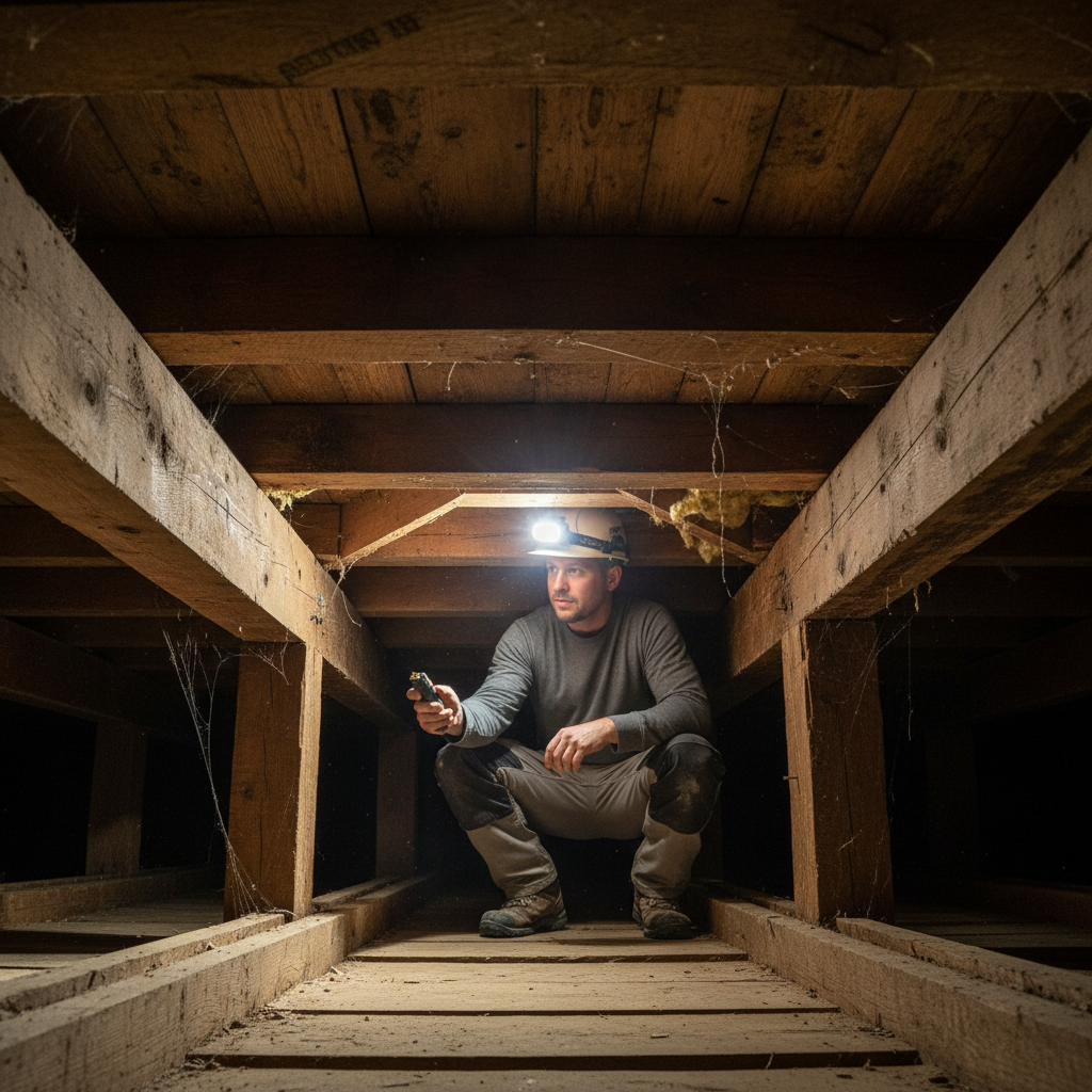 Male technician in work gear crouching under a house with a headlamp illuminating wooden floor joists