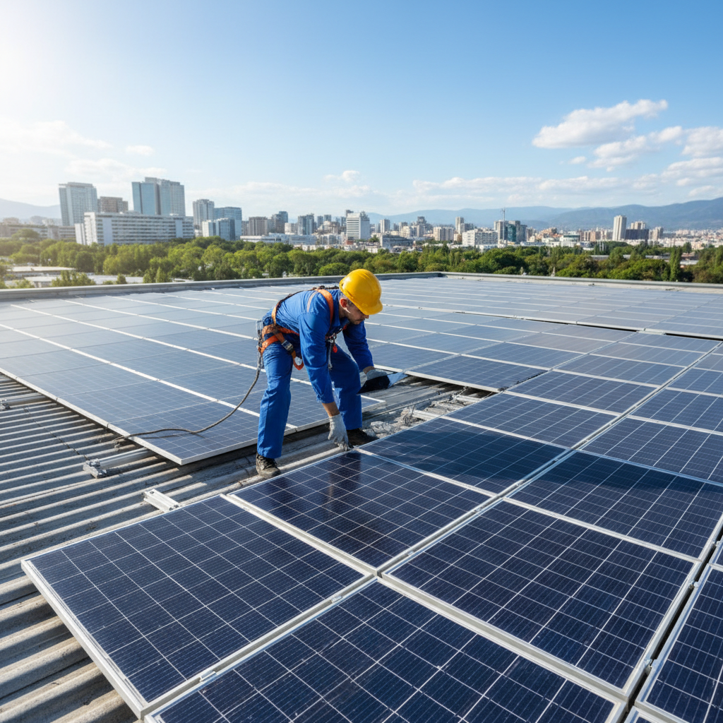 Solar technician installing panels on rooftop in bright daylight, professional workwear, blue sky background
