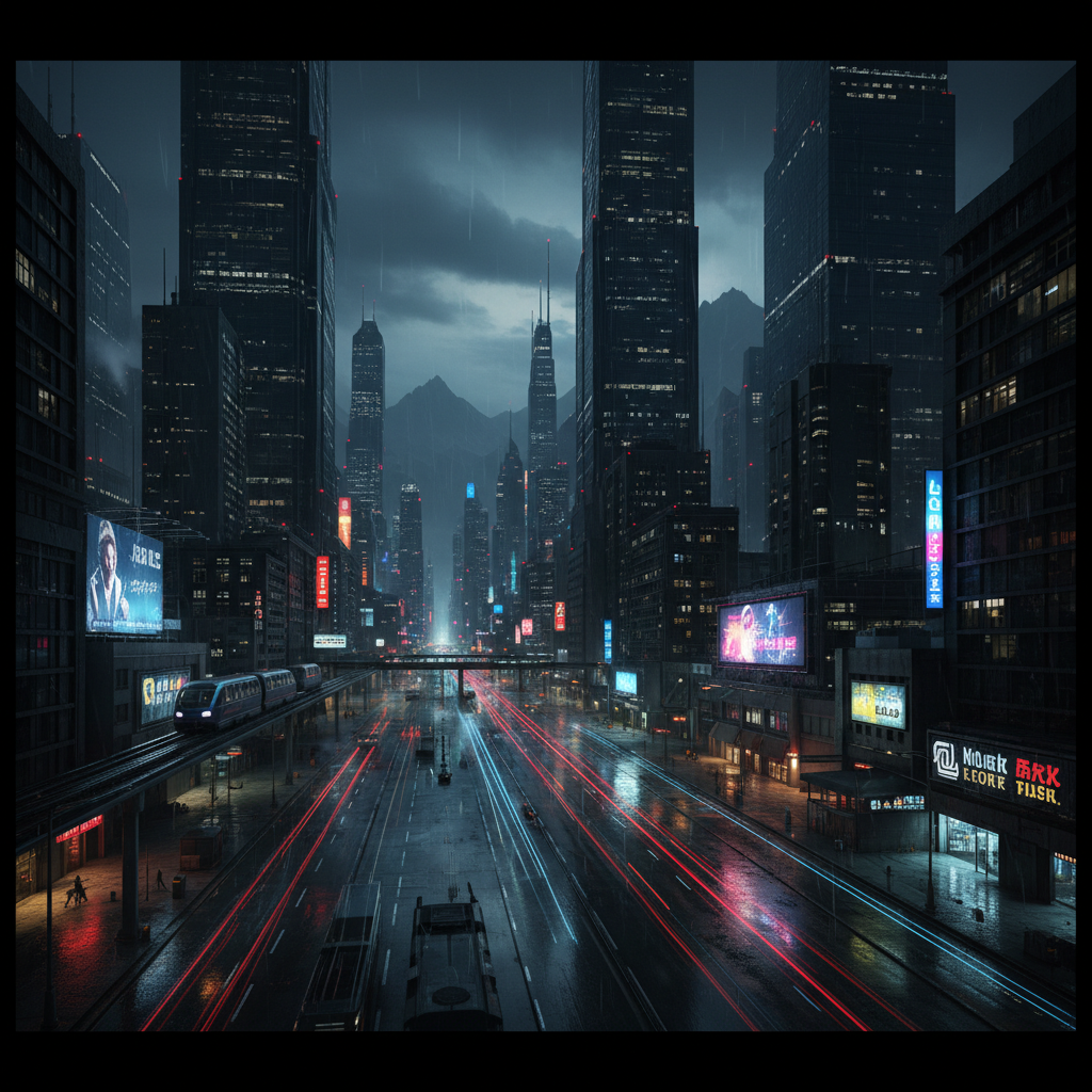 Night city lights, dark atmospheric background, deep shadows, cinematic mood